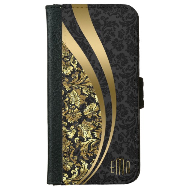 Elegant Black & Gold Damasks Dynamic Stripes iPhone 6 Wallet Case