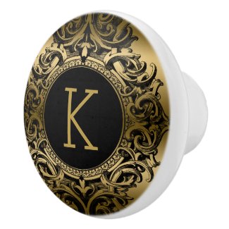 Elegant Black & Gold Floral Ornament Ceramic Knob