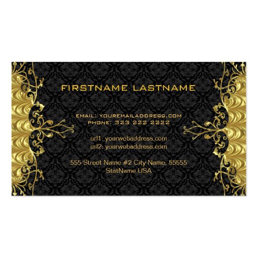 Elegant Black & Gold Look Vintage Gold Lace Frame Business Card Template (back side)