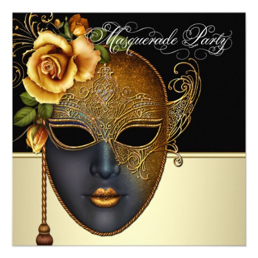 Elegant Black Gold Masquerade Party Invitations (front side)