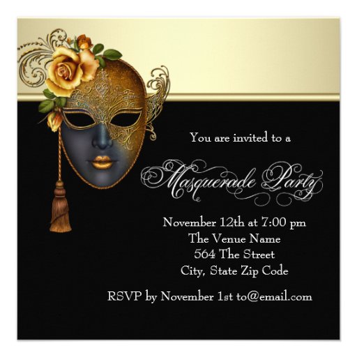 Elegant Black Gold Masquerade Party Invitations