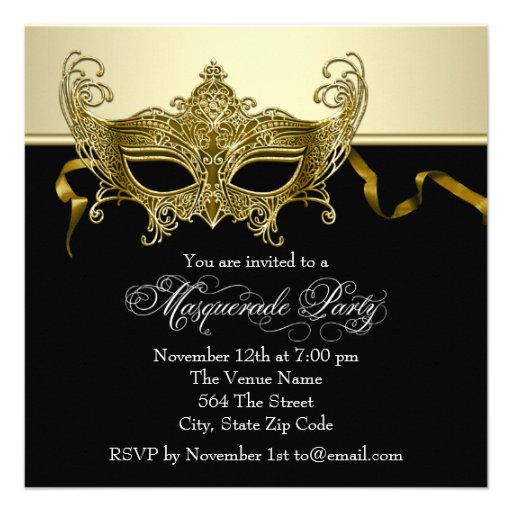 Elegant Black Gold Masquerade Party Invitations