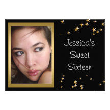 Elegant Black Gold Stars Photo Sweet 16 Invites