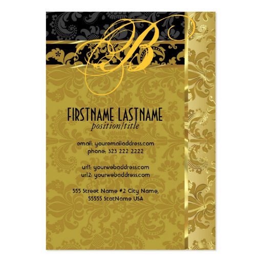 Elegant Black & Gold Vintage Floral Damasks Business Card Template (back side)