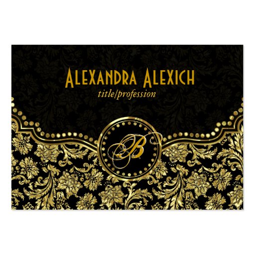Elegant Black & Gold  Vintage Floral Damasks Business Card (front side)