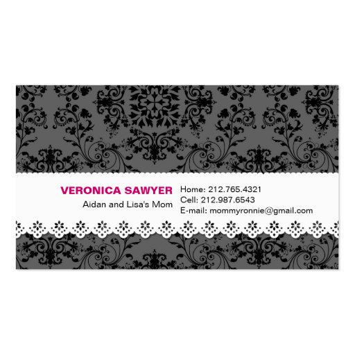 Elegant Black & Grey Damask with Lace Profile / Mo Business Cards (front side)