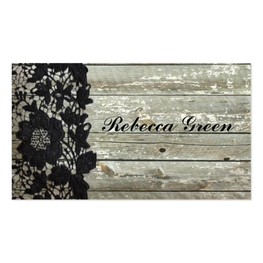 Elegant black lace pattern on grey barn board business cards (front side)