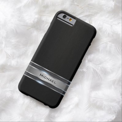 Elegant Black Leather and Silver Metal Label Look Barely There iPhone 6 Case