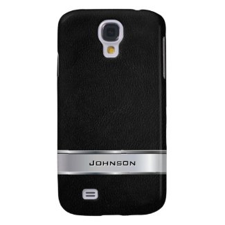 Elegant Black Leather Look with Silver Metal Label Samsung Galaxy S4 Covers