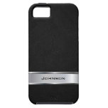 Elegant Black Leather Look with Silver Metal Label iPhone 5 Cover