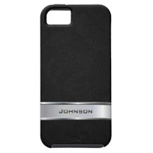 Elegant Black Leather Look with Silver Metal Label iPhone 5 Cover