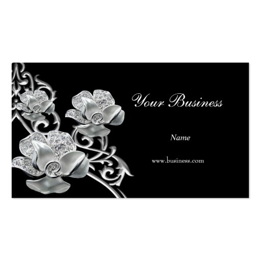 Elegant Black Metal Silver Look  Jewel Floral Business Card (front side)