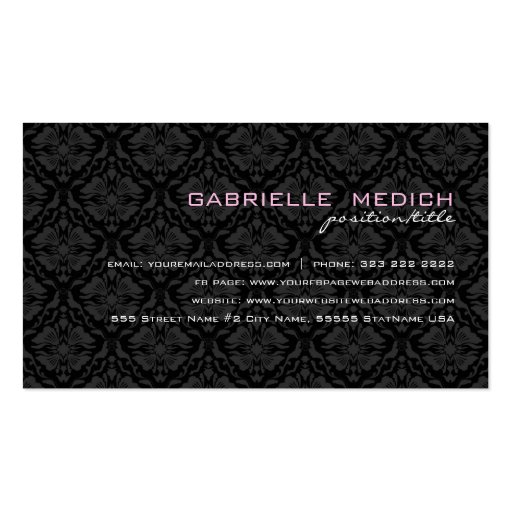 Elegant Black Monotones Vintage Floral Damasks Business Card Template (back side)