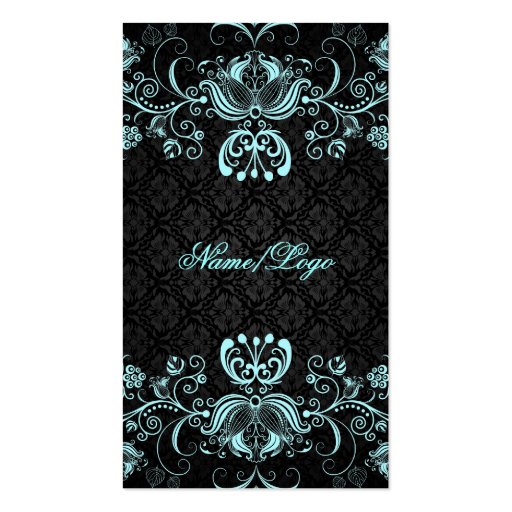 Elegant Black & Pastel Blue Floral Swirls Business Card (front side)