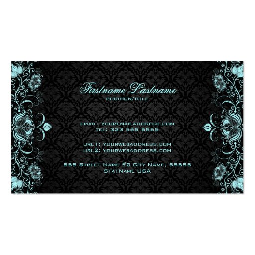 Elegant Black & Pastel Blue Floral Swirls Business Card (back side)