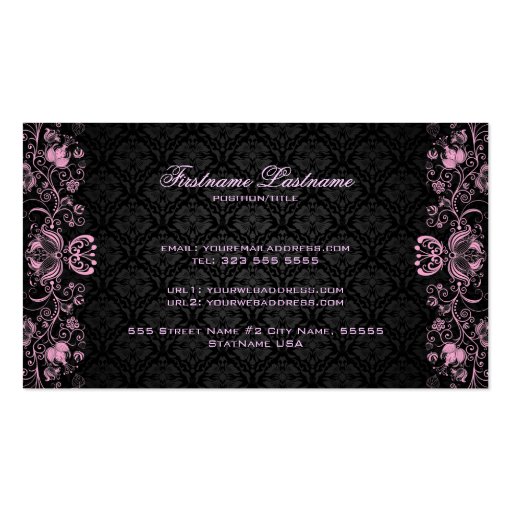 Elegant Black & Pastel Pink Floral Swirls Business Cards (back side)