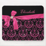 Personalizable Elegant Black Pink Damask Diamond Bow Custom Mouse Pads