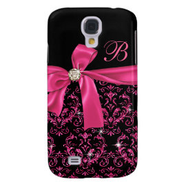 Elegant Black Pink Damask Diamond Bow Monogram Samsung Galaxy S4 Cover