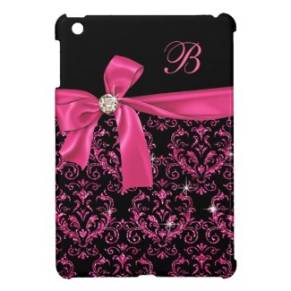 Elegant Black Pink Damask Diamond Bow Monogram iPad Mini Covers
