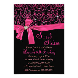 Elegant Black Pink Damask Sweet Sixteen Party Invite