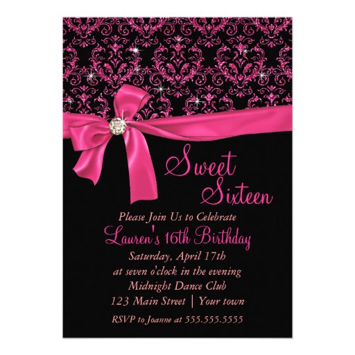Elegant Black Pink Damask Sweet Sixteen Party Invite (front side)