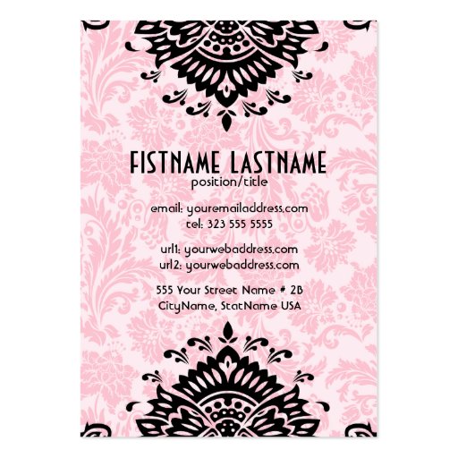 Elegant Black & Pink Floral Damasks Business Cards (back side)