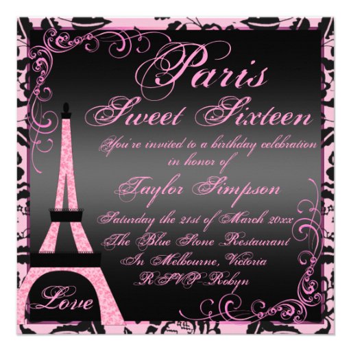Elegant Black & Pink Paris Sweet16 Birthday Invite