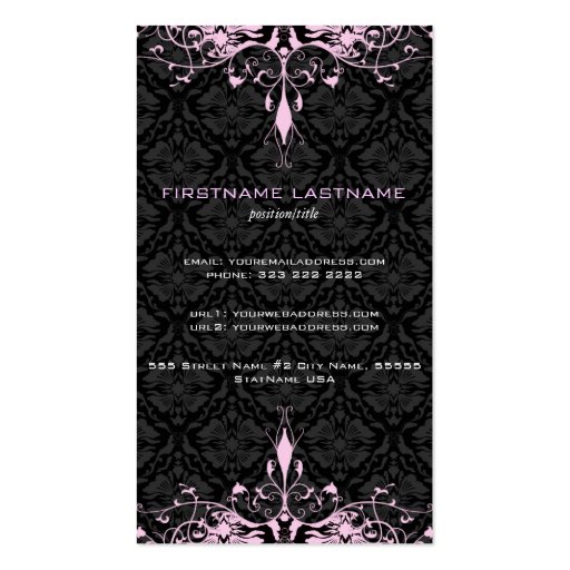 Elegant Black & Pink TonesVintage Floral Damasks Business Cards (back side)