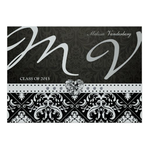 Elegant Black / Siilver Damask Class of 2013 Personalized Invitation (front side)