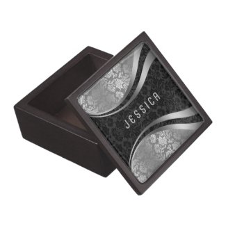 Elegant Black & Silver Gray Floral Damasks Pattern Premium Trinket Boxes