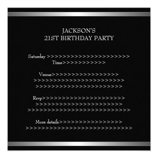 Elegant Black Silver Stripe 21st Birthday Male Personalized Invitation