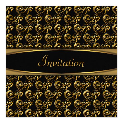 Elegant Black Swirl Gold Party Invitation