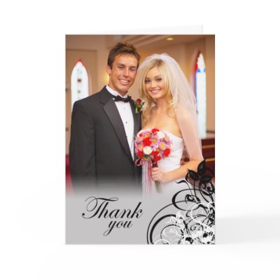 Elegant black swirls wedding thank you photo card