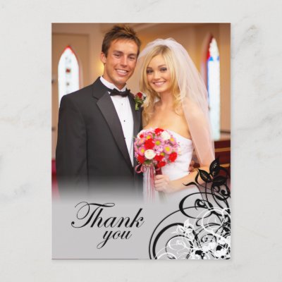 Elegant black swirls wedding thank you postcard