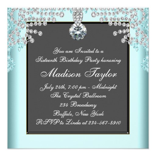 Elegant Black Teal Blue Sweet Sixteen Birthday Custom Invite