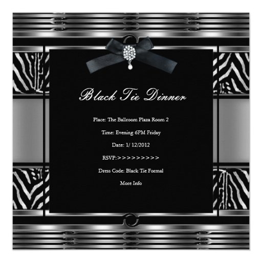 Elegant Black Tie Dinner Zebra Silver black Custom Announcements