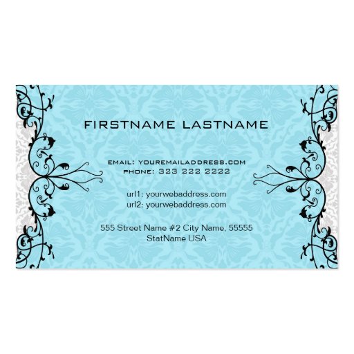 Elegant Black White And Blue Vintage Damasks Business Card (back side)