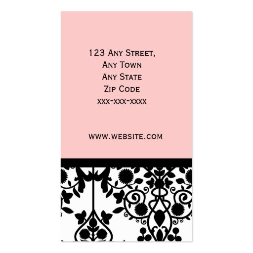 Elegant Black White and Pink Damask Business Card (back side)