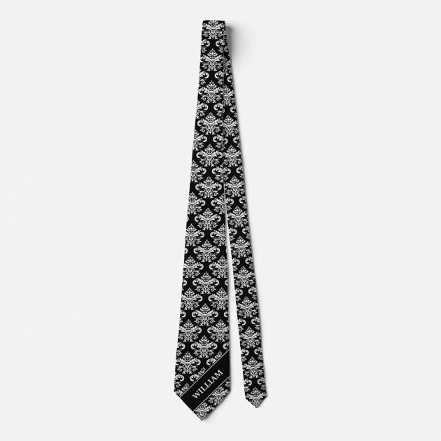Elegant Black White Antique Damask Monogram Name Tie