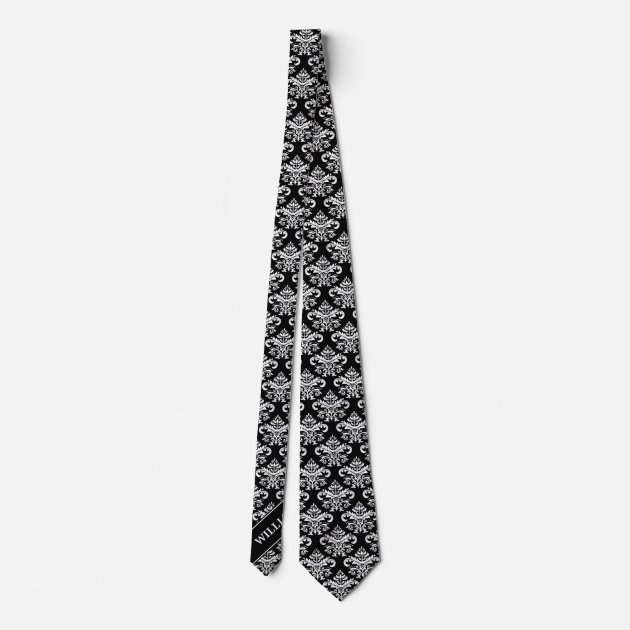 Elegant Black White Antique Damask Monogram Name Tie-2