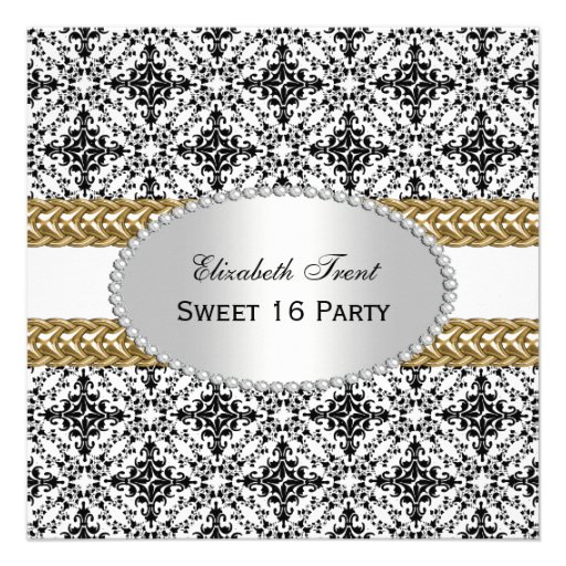 Elegant Black White Damask #2 Gold Sweet 16 #2 Invitations