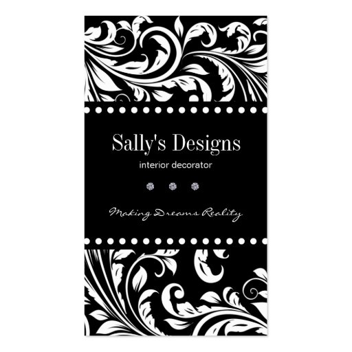 Elegant Black & White Damask Interior Designer Business Card Template (front side)