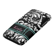 Elegant Black & White Damask Pattern with Monogram iPhone 3 Cover