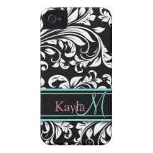 Elegant Black & White Damask Pattern with Monogram iPhone 4 Case