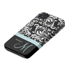 Elegant Black & White Damask Pattern with Monogram Case-Mate iPhone 4 Cases