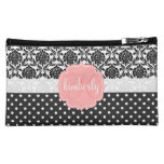 Elegant Black & White Damask Pink Girly Monogram Makeup Bags