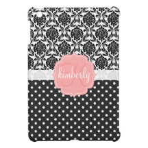 Elegant Black & White Damask Pink Girly Monogram Case For The iPad Mini