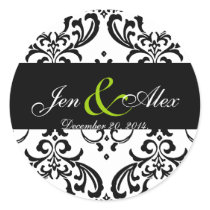 Elegant Black White Damask Wedding Sticker Green
