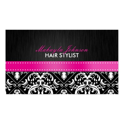 Elegant Black & White Damask with Hot Pink Ribbon Business Card Templates (front side)
