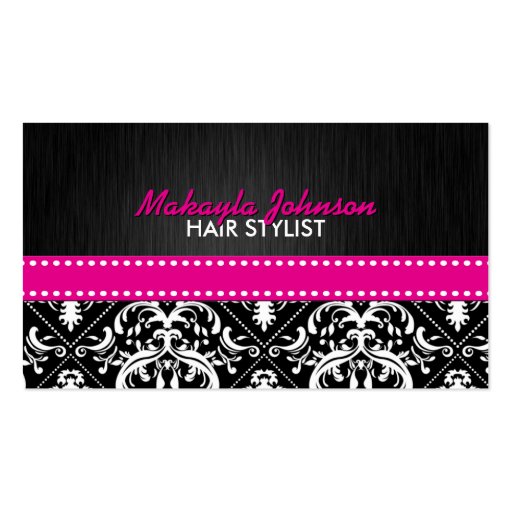 Elegant Black & White Damask with Hot Pink Ribbon Business Card Template
